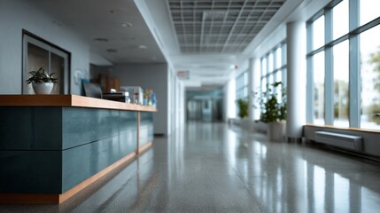 Modern office reception area with dark teal counter wood trim and large windows