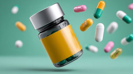 Vibrant advertising concept featuring vitamin bottle in a faff environment creative content for health promotion