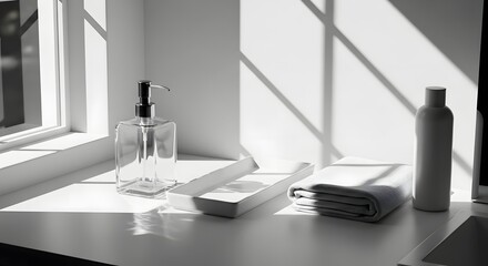 Sunlight streams onto a windowsill displaying a soap dispenser, toothbrushes, a folded towel, and a bottle.