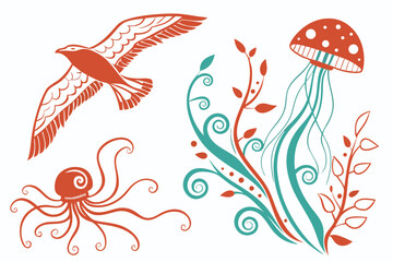 Stylized ocean life and foliage with bird marine wildlife