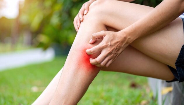 Intense Itching: Woman Scratching a Red, Inflamed Bug Bite on Her Leg Outdoors
