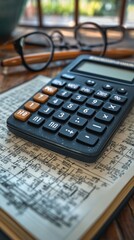 Close-up of Calculator and Book on Wooden Desk, Financial Planning Concept