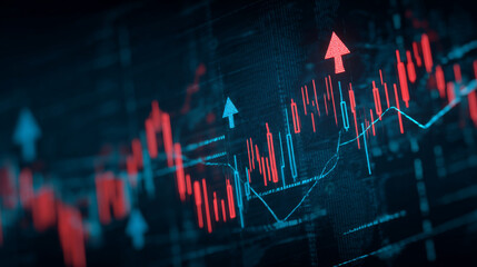 abstract image of stock market graphs with upward and downward arrows, showcasing financial trends and data analysis. vibrant colors create dynamic visual representation of market fluctuations