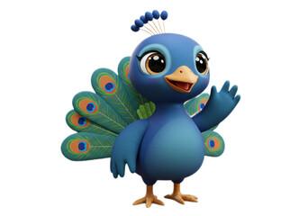Cute Cartoon Peacock Waving on Transparent Background