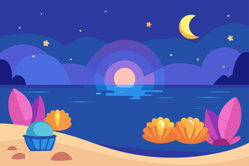 Stylized beach scene at night with moon and glowing shells