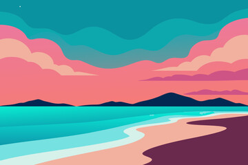 Stylized sunset over tropical beach with wavy clouds and mountains