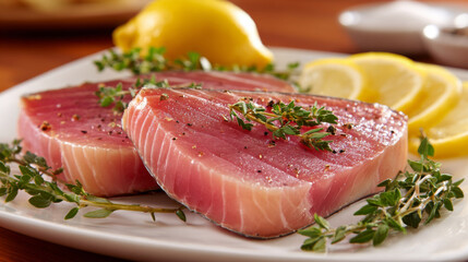 Fresh slices of tuna and swordfish steaks garnished with herbs and lemon. vibrant colors and textures create appetizing presentation for seafood lovers