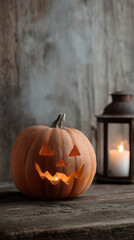 Obraz premium Carved pumpkin with glowing face on wooden table beside lantern