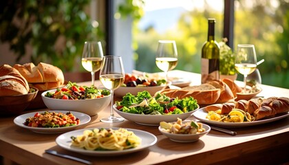 Sunlit Mediterranean Meal: Fresh Salads, Pasta, and Bread