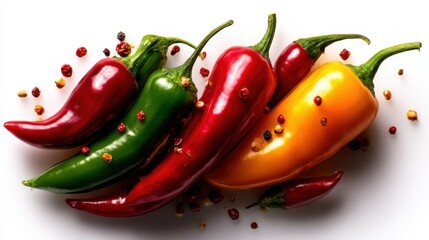 An array of vibrant chili peppers in red, green, and yellow hues showcases their freshness and diversity, perfect for culinary use or food-related artistic projects.
