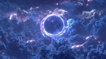 Futuristic glowing full moon wrapped crystalline halo, floating endless cyberpunk neon clouds, electric arcs glow sci-fi environment night sky blue purple tones, seamless loop, 3D cinematic animation - Powered by Adobe