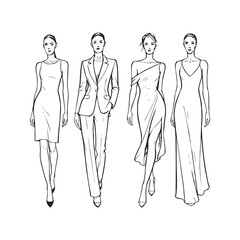 Black and white vector fashion sketches, elegant runway poses, fine line illustration, minimal clothing details