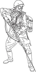 World War soldier wearing mask lineart illustration. isolated on white background