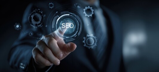 The business professional interacting with digital SEO technology in a modern setting.