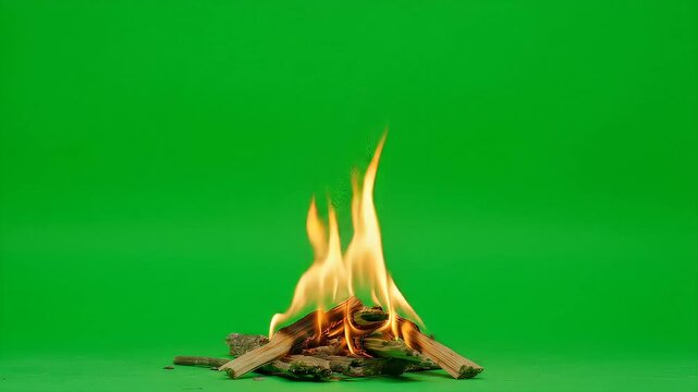 Small campfire burning brightly on a green screen background for video editing and compositing