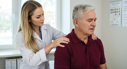 Fototapeta premium Doctor comforting senior patient shoulder pain medical healthcare elderly care support assistance health professional medical examination checkup