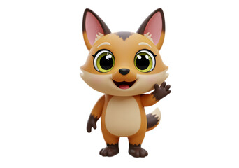 Cute Cartoon Fox Waving with Green Eyes on Transparent Background