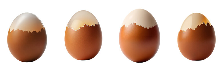 Set of various boiled brown egg top half shell peeled off isolated on transparent background