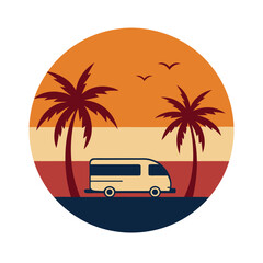 Sunset gradient sky with palm trees and camper van vector tropical travel art design