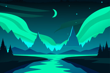 Stylized northern lights over mountains and river at night
