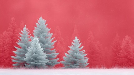 Three frosted evergreen trees in snowy landscape against a red background
