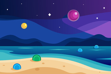 Stylized alien planet landscape with colorful planets and glowing orbs
