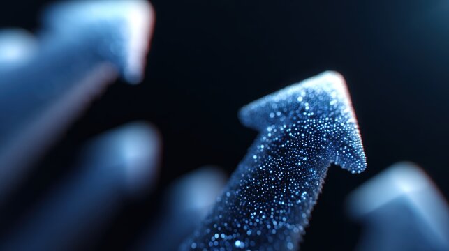 Abstract background: Upward trending arrows composed of digital particles, symbolizing market growth. Prosperity, expansion.