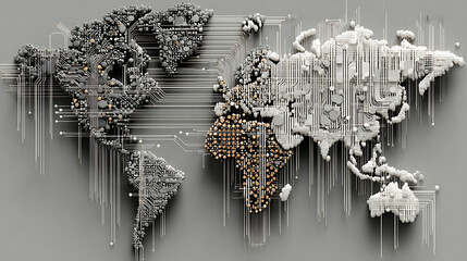 Abstract world map with digital elements on grayscale background