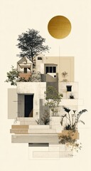 Abstract architectural collage, layered homes with greenery and golden sun