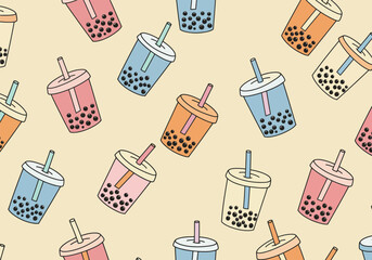 Seamless pattern of assorted bubble tea cups with straws, a trendy and delicious beverage, ideal for backgrounds, textiles, and decorative designs