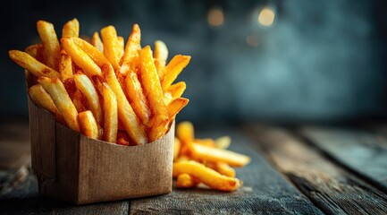 Golden french fries in a brown paper container on a rustic wooden surface (1)