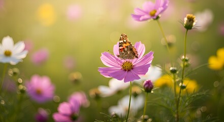 Fototapeta premium Painted Lady Butterfly on a Pink Cosmos Flower