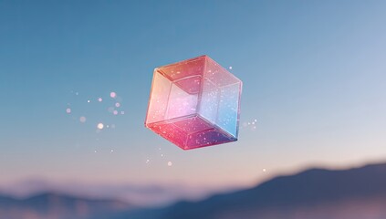 A translucent, multicolored cube floats in a soft-focus, twilight sky
