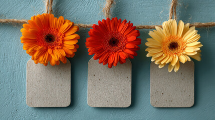 Colorful gerbera flowers with blank kraft tags on rope. Spring promotion and gift concept.