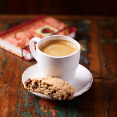 Cup of coffee on wooden background. Soft focus. Copy space	