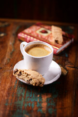 Cup of coffee on wooden background. Soft focus. Copy space	