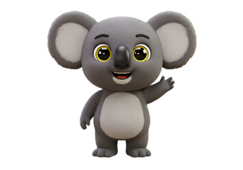 Cute Gray Koala Cartoon Character Waving Hand on Transparent Background