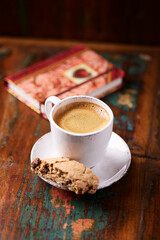 Cup of coffee on wooden background. Soft focus. Copy space	