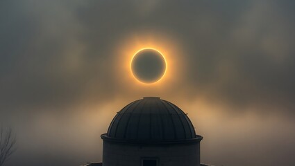 Obraz premium Solar eclipse with a bright ring over a dome shaped building in a foggy and cloudy environment