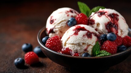 This image showcases three scoops of ice cream topped with fresh berries and a rich sauce, evoking a sense of indulgence and summer joy suitable for dessert lovers.