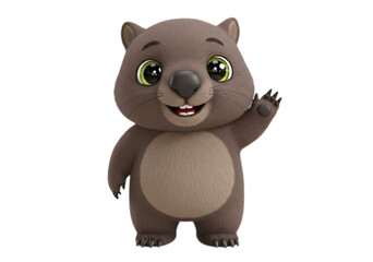 Naklejka premium Cute Brown Wombat Cartoon Character Waving Hand on Transparent Background