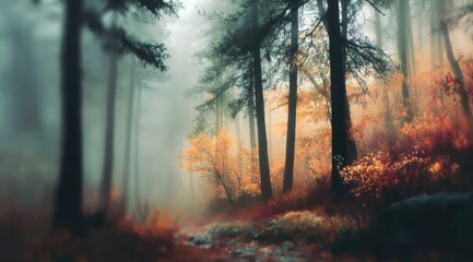 Misty autumn forest path, sunlight filtering through trees