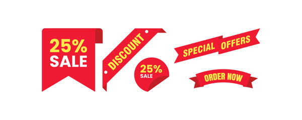 A set of red vector discount labels and promotional ribbons. Perfect for sales, special offers, and e-commerce marketing.
