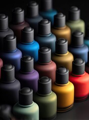 Close-up view of many colorful nail polish bottles arranged in rows.  Dark background emphasizes the vibrant hues.  Bottles have a slightly textured surface and matching black caps
