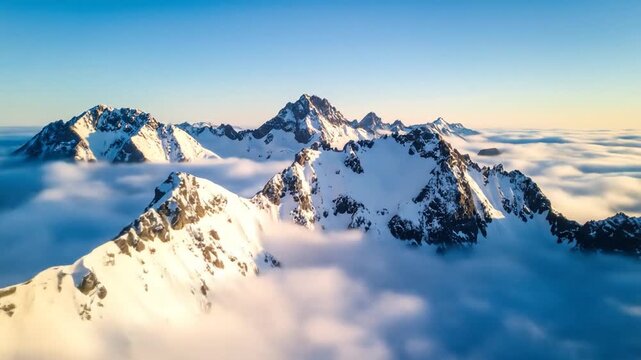 Snowy Mountain Peaks Emerging from Cloudscape Under a Clear Blue Sky in an Alpine Scenery with Pristine White Snow and Rugged Terrain at High Altitude