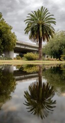 Palm tree reflected in a pool under a highway overpass