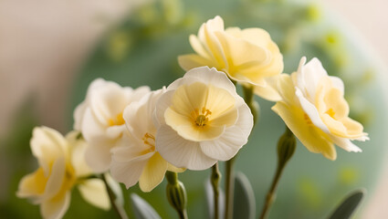 Obraz premium Detailed view of delicate yellow and white primrose blossoms with gentle lighting.