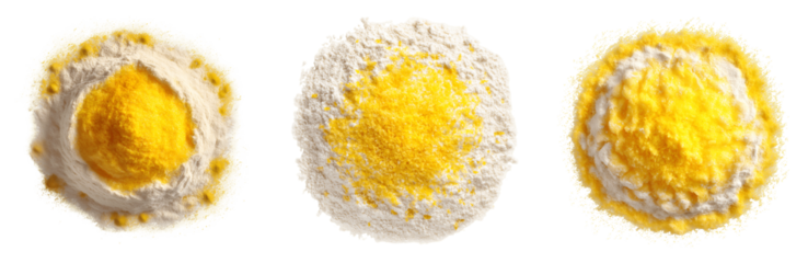 Set of various flour sprinkled with bright yellow lemon zest isolated on transparent background