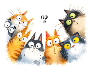 Obraz premium A whimsical gathering of cartoon cats with pleading eyes, urging viewers to 'Feed Us' in a playful illustration.
