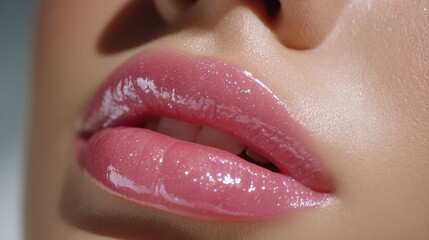 Woman applying lip gloss in home beauty routine personal care indoor environment close-up viewpoint for enhancing makeup skills